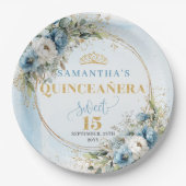 Boho Dusty Blue Floral Gold Custom Name Plates ペーパープレート (正面)