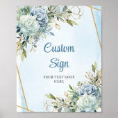 Boho Dusty Blue Floral Gold Frame Wedding Sign ポスター (正面)