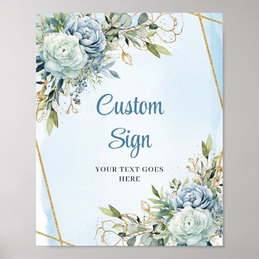 Boho Dusty Blue Floral Gold Frame Wedding Sign ポスター (正面)