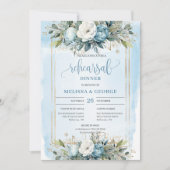 Boho Dusty Blue Floral Gold Glitter Dinner Invites 招待状 (正面)