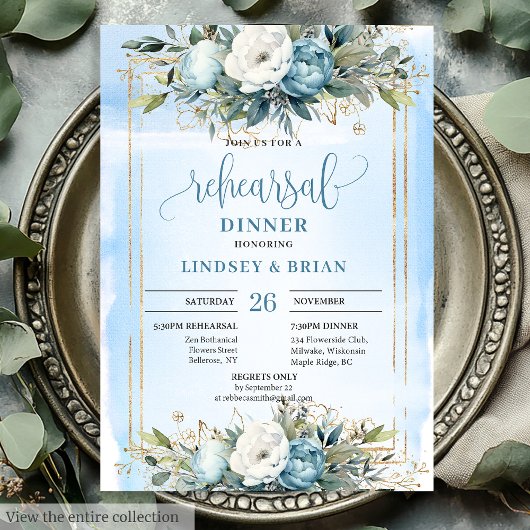 Boho Dusty Blue Floral Gold Glitter Dinner Invites 招待状
