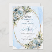 Boho Dusty Blue Floral Gold Glitter wedding invite 招待状 (正面)