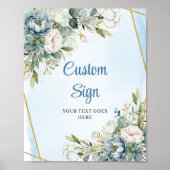 Boho Dusty Blue Floral Gold Glitter Welcome Sign ポスター (正面)