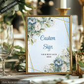Boho Dusty Blue Floral Gold Glitter Welcome Sign ポスター