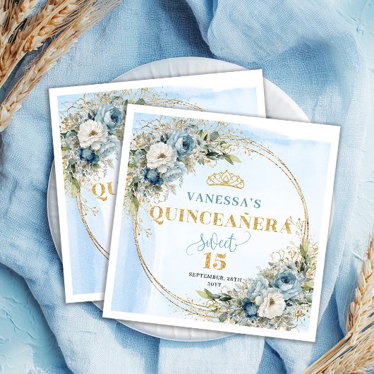 Boho Dusty Blue Floral Gold Quinceañera Napkins スタンダードカクテルナプキン