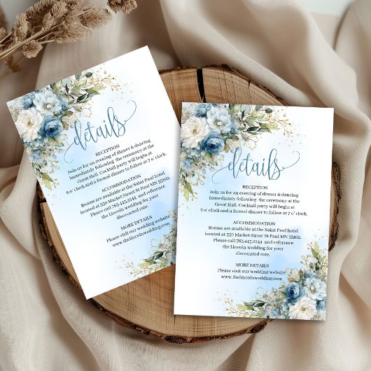 Boho Dusty Blue Floral Gold Wedding Details Card 出欠カード