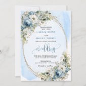 Boho Dusty Blue Floral Gold Wedding Invitation 招待状 (正面)