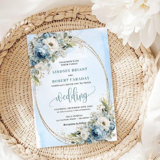 Boho Dusty Blue Floral Gold Wedding Invitation 招待状