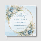 Boho Dusty Blue Floral Greenery Glitter Guest Book ゲストブック (正面)