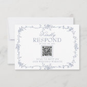 Boho Dusty Blue Floral QR Code Botanical Wedding 出欠カード (正面)