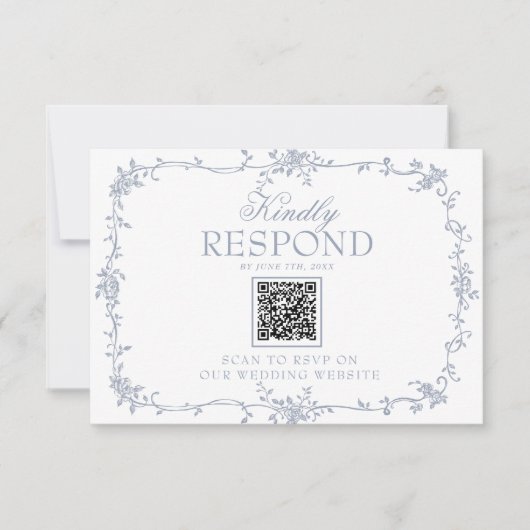 Boho Dusty Blue Floral QR Code Botanical Wedding 出欠カード (正面)