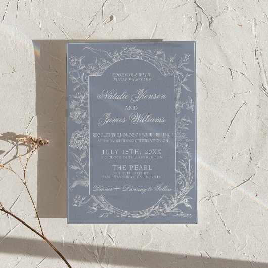 Boho Dusty Blue Floral QR Code Botanical Wedding 招待状