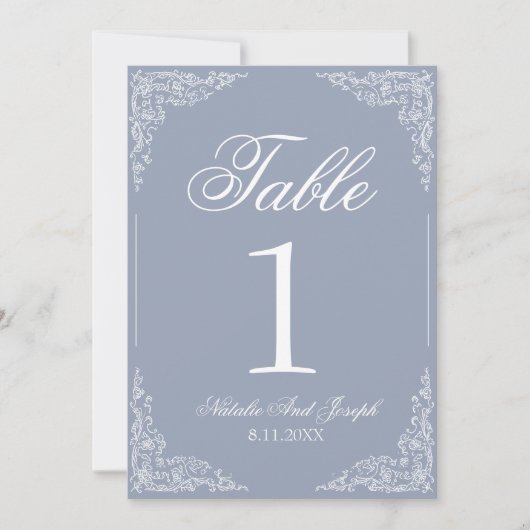 Boho Dusty Blue Floral Wedding Table Number 招待状 (正面)