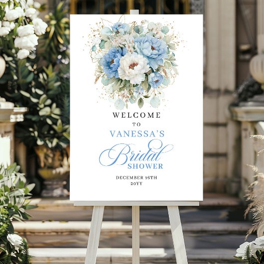 Boho Dusty Blue Flowers Bridal Shower Welcome ポスター
