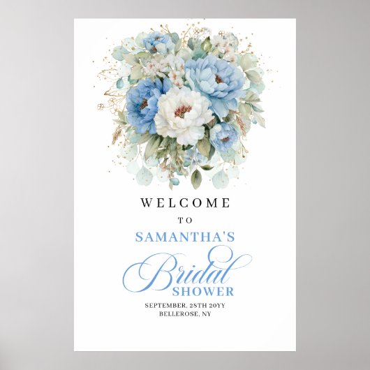 Boho Dusty Blue Flowers Bridal Shower Welcome ポスター (正面)