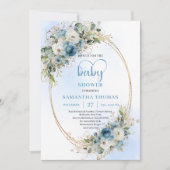Boho Dusty Blue Flowers Gold Script Baby Shower  招待状 (正面)