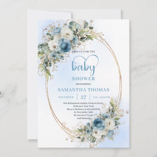 Boho Dusty Blue Flowers Gold Script Baby Shower  招待状 (正面)