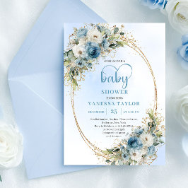 Boho Dusty Blue Flowers Gold Script Baby Shower  招待状