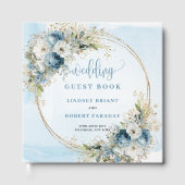 Boho Dusty Blue Flowers Greenery Gold Guest Book ゲストブック (正面)