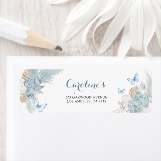 Boho Dusty Blue Flutter on Over Butterfly Address ラベル (インサイチュ)