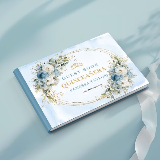 Boho Dusty Blue Gold Floral Eucalyptus Guest Book ゲストブック