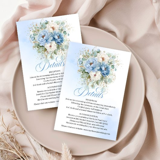 Boho Dusty Blue Peonies White Wedding Details Card エンクロージャーカード