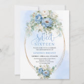 Boho Dusty Blue Peony Gold Sweet Sixteen Invite 招待状 (正面)
