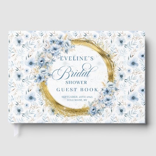 Boho Dusty Blue Sage Gold Floral Bridal Shower ゲストブック (正面)