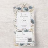 Boho Dusty Blue & TanフローラモノグラムQRコード オールインワン招待状 (内側)