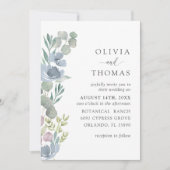 Boho Dusty Blue Watercolor Floral Wedding 招待状 (正面)