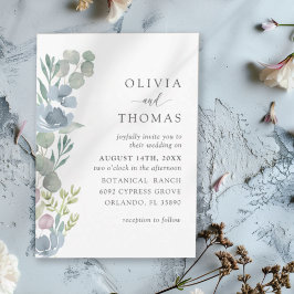 Boho Dusty Blue Watercolor Floral Wedding 招待状