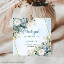 Boho Dusty Blue White Flowers Gold Thank You Tag