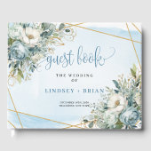 Boho Dusty Blue White Gold Flowers Guest Book ゲストブック (正面)