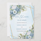 Boho Dusty Blue White Gold Flowers Save The Date 招待状 (正面)