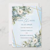 Boho Dusty Blue White Gold Flowers Save The Date 招待状 (正面)