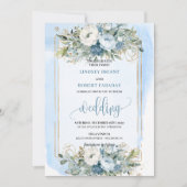 Boho Dusty Blue White Gold Flowers Wedding Invites 招待状 (正面)