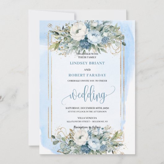 Boho Dusty Blue White Gold Flowers Wedding Invites 招待状 (正面)