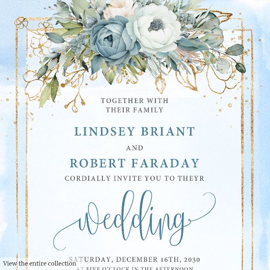 Boho Dusty Blue White Gold Flowers Wedding Invites 招待状