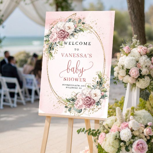Boho Dusty Pink Floral Baby Shower Welcome Sign ポスター