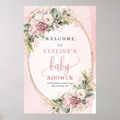 Boho Dusty Pink Floral Baby Shower Welcome Sign ポスター (正面)