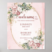Boho Dusty Pink Flowers Gold Glitter Welcome Sign ポスター (正面)
