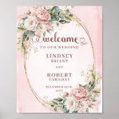 Boho Dusty Pink Flowers Gold Glitter Welcome Sign ポスター (正面)