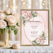 Boho Dusty Pink Flowers Gold Glitter Welcome Sign ポスター