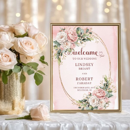 Boho Dusty Pink Flowers Gold Glitter Welcome Sign ポスター