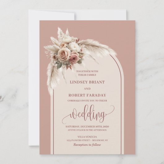 Boho Dusty Pink Pampas Floral Wedding Invitation 招待状 (正面)