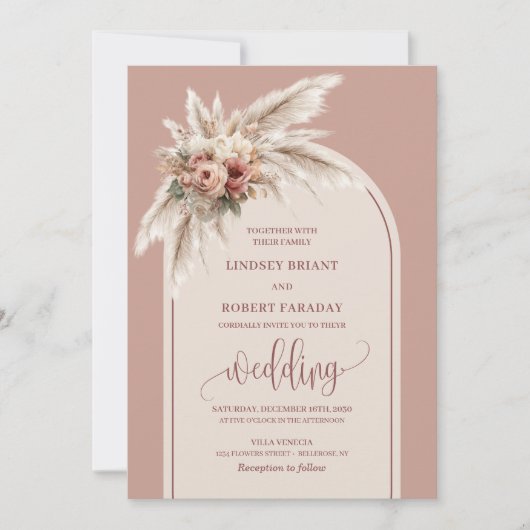 Boho Dusty Pink Pampas Roses Wedding Invitation 招待状 (正面)