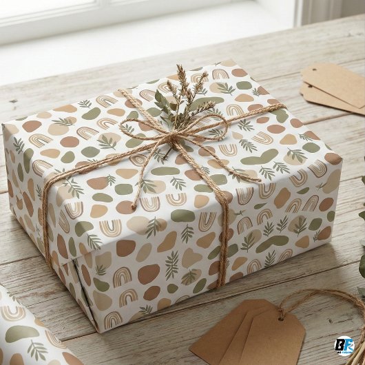 Boho Earth Tone Abstract Shapes & Botanical Rainbo ラッピングペーパー