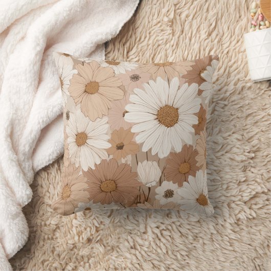 Boho Earth Tone Daisy Tan Floral Pattern クッション (ブランケット)