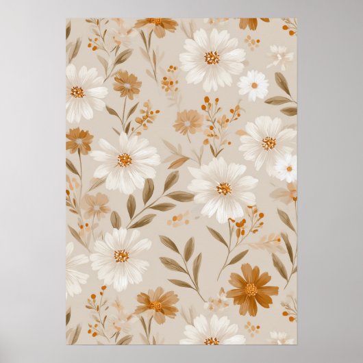 Boho Earth Tone Daisy Tan Floral Pattern ポスター (正面)