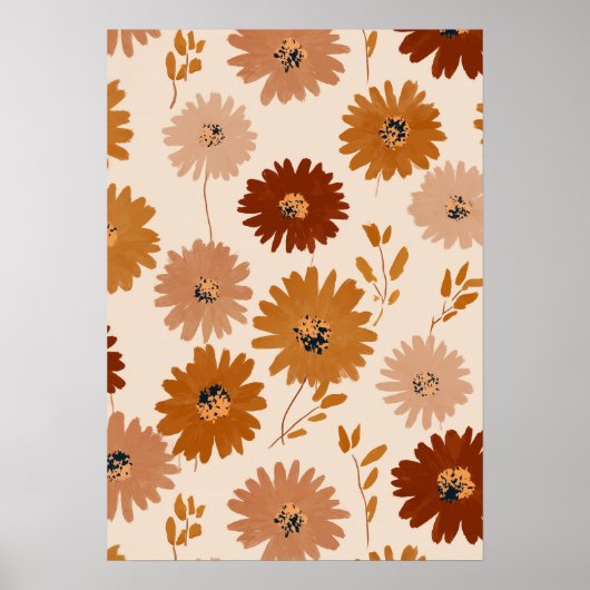 Boho Earth Tone Daisy Tan Floral Pattern ポスター (正面)